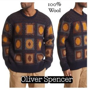 Oliver Spencer Blenheim Jumper 100% Wool Crewneck Sweater Navy Crochet Knit